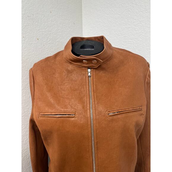 Susan Bender Stretch Leather Crop Zip Sleeve Moto Cross Jacket in Saddle 10 - Picture 3 of 5